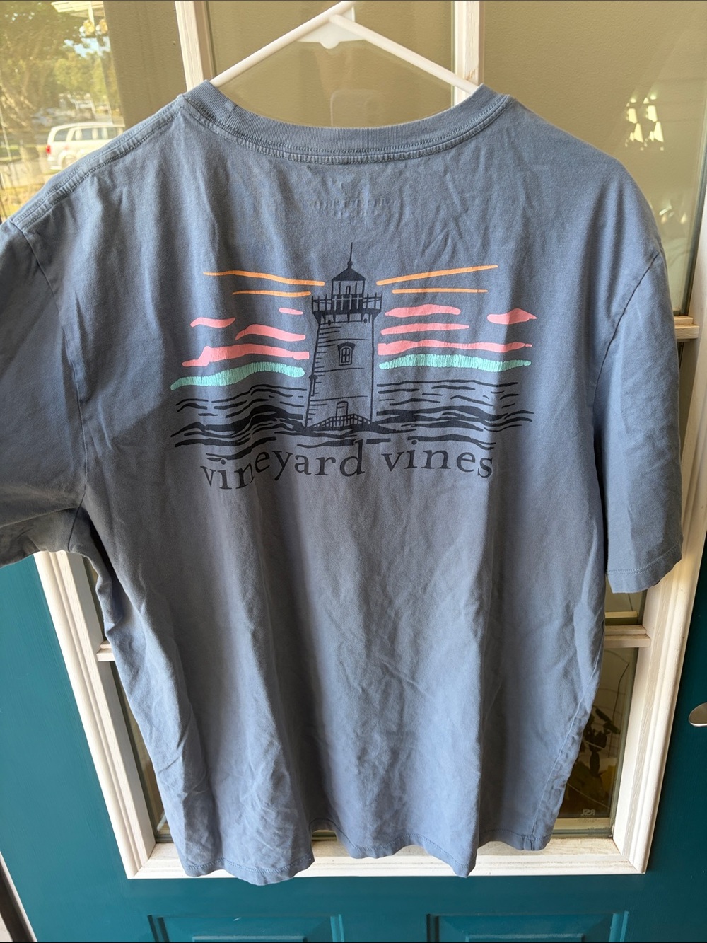 Vineyard Vines Slate Blue Lighthouse Graphic Tee with Pastel Accents